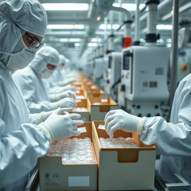 Detailed shot of a pharmaceutical packaging line, workers in cleanroom suits carefully placing medical-grade cold gel packs around vials of temperature-sensitive vaccines inside insulated shipping boxes. The environment is bright, sterile, with advanced machinery, showcasing precision and care, cinematic atmosphere, ultra realistic, highly detailed, 8k quality, photorealistic