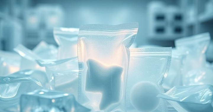 A close-up, highly detailed shot of various medical gel packs in different sizes, some showing internal phase change materials. The background is a sterile, modern pharmaceutical laboratory environment with soft, cool lighting. Emphasize the texture and specialized design of the gel packs, perhaps with a subtle glow around them to highlight their advanced technology. The mood is scientific, precise, and sophisticated. Ultra realistic, highly detailed, 8k quality, photorealistic.