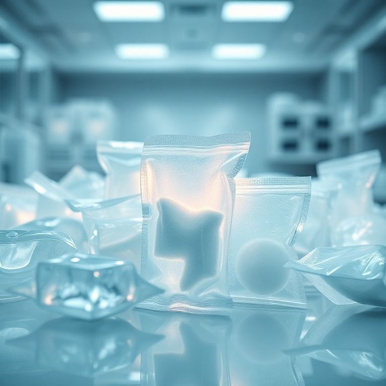 A close-up, highly detailed shot of various medical gel packs in different sizes, some showing internal phase change materials. The background is a sterile, modern pharmaceutical laboratory environment with soft, cool lighting. Emphasize the texture and specialized design of the gel packs, perhaps with a subtle glow around them to highlight their advanced technology. The mood is scientific, precise, and sophisticated. Ultra realistic, highly detailed, 8k quality, photorealistic.