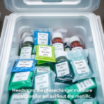 A detailed close-up of various medical-grade phase change material (PCM) ice packs alongside vials of sensitive medications in an insulated shipping container. The PCM packs are distinct colors (e.g., blue, green) and have labels indicating their specific temperature ranges (e.g., +5C, -20C). The container is sleek, white, and clearly designed for medical transport. The overall mood is sterile, precise, and highly technical, with soft, diffused lighting highlighting the textures of the materials. Alt text: Medical-grade phase change material ice packs ensuring precise temperature control for sensitive medications, demonstrating why Not All Cold is suitable for healthcare.