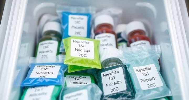 A detailed close-up of various medical-grade phase change material (PCM) ice packs alongside vials of sensitive medications in an insulated shipping container. The PCM packs are distinct colors (e.g., blue, green) and have labels indicating their specific temperature ranges (e.g., +5C, -20C). The container is sleek, white, and clearly designed for medical transport. The overall mood is sterile, precise, and highly technical, with soft, diffused lighting highlighting the textures of the materials. Alt text: Medical-grade phase change material ice packs ensuring precise temperature control for sensitive medications, demonstrating why Not All Cold is suitable for healthcare.