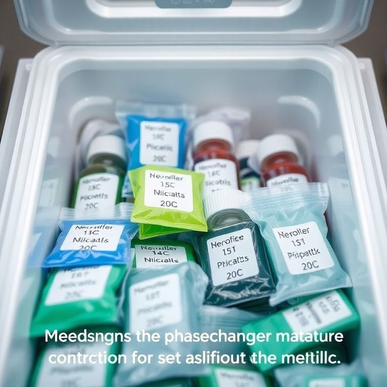 A detailed close-up of various medical-grade phase change material (PCM) ice packs alongside vials of sensitive medications in an insulated shipping container. The PCM packs are distinct colors (e.g., blue, green) and have labels indicating their specific temperature ranges (e.g., +5C, -20C). The container is sleek, white, and clearly designed for medical transport. The overall mood is sterile, precise, and highly technical, with soft, diffused lighting highlighting the textures of the materials. Alt text: Medical-grade phase change material ice packs ensuring precise temperature control for sensitive medications, demonstrating why Not All Cold is suitable for healthcare.