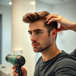 A man in his late 20s with short, stylish hair, gently blow-drying his hair in a modern bathroom, looking focused and well-groomed, soft morning light, ultra realistic, highly detailed, 8k quality, photorealistic, professional hair care products visible, featuring a clear, high-quality hair dryer and a well-organized bathroom counter.
