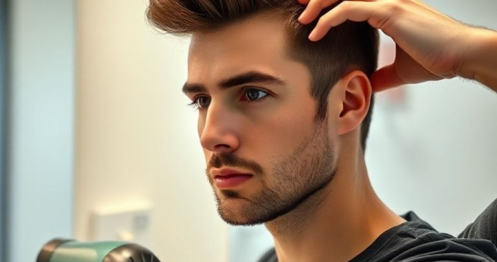 A man in his late 20s with short, stylish hair, gently blow-drying his hair in a modern bathroom, looking focused and well-groomed, soft morning light, ultra realistic, highly detailed, 8k quality, photorealistic, professional hair care products visible, featuring a clear, high-quality hair dryer and a well-organized bathroom counter.