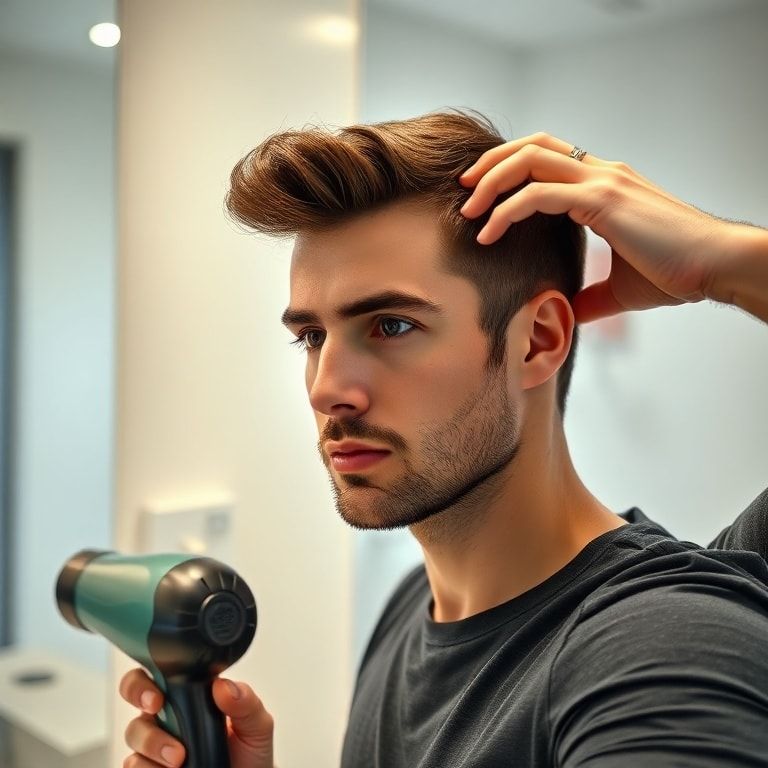 A man in his late 20s with short, stylish hair, gently blow-drying his hair in a modern bathroom, looking focused and well-groomed, soft morning light, ultra realistic, highly detailed, 8k quality, photorealistic, professional hair care products visible, featuring a clear, high-quality hair dryer and a well-organized bathroom counter.