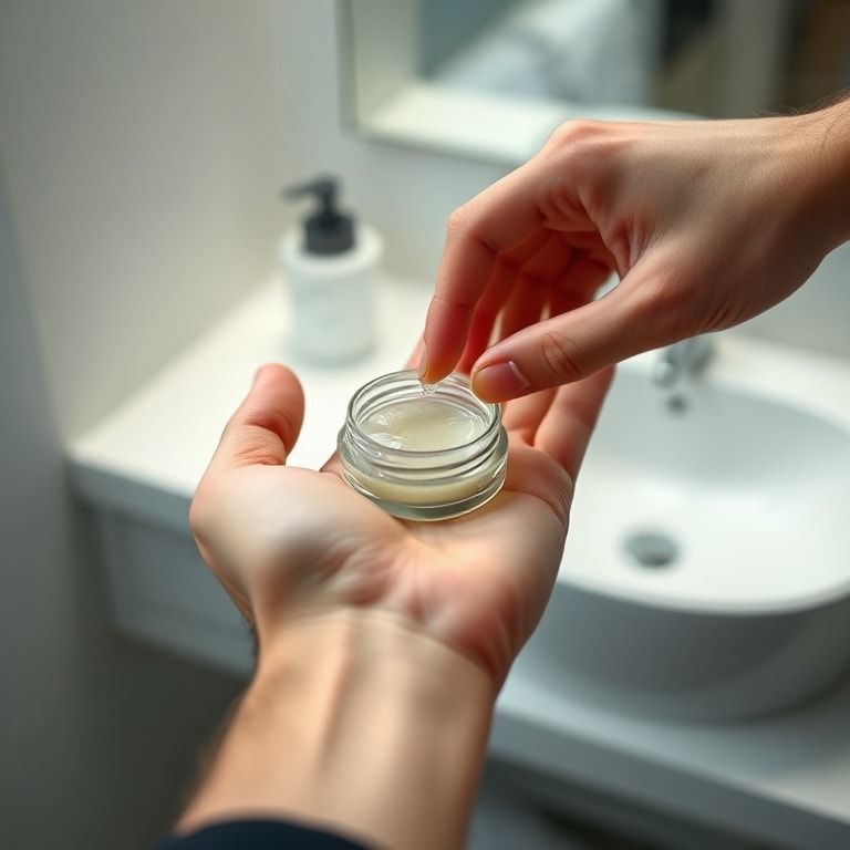 Close-up shot of a man's hand gently applying a small amount of clear hair gel from a stylish jar into his palm, ready to war