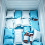 A close-up, high-angle shot of various pharmaceutical gel packs neatly arranged within an insulated shipping container, alongside vials of temperature-sensitive medicines. The gel packs are in different shades of blue and white, some still slightly frozen with a frosty appearance. The container is a clean, white, corrugated box with a glossy finish. The overall scene conveys precision, safety, and the critical role of these elements in Unlocking Cold Chain logistics. The lighting is bright and even, highlighting the textures of the gel packs and the reflective surfaces of the vials. Ultra realistic, highly detailed, 8k quality, photorealistic.