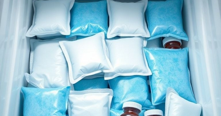 A close-up, high-angle shot of various pharmaceutical gel packs neatly arranged within an insulated shipping container, alongside vials of temperature-sensitive medicines. The gel packs are in different shades of blue and white, some still slightly frozen with a frosty appearance. The container is a clean, white, corrugated box with a glossy finish. The overall scene conveys precision, safety, and the critical role of these elements in Unlocking Cold Chain logistics. The lighting is bright and even, highlighting the textures of the gel packs and the reflective surfaces of the vials. Ultra realistic, highly detailed, 8k quality, photorealistic.