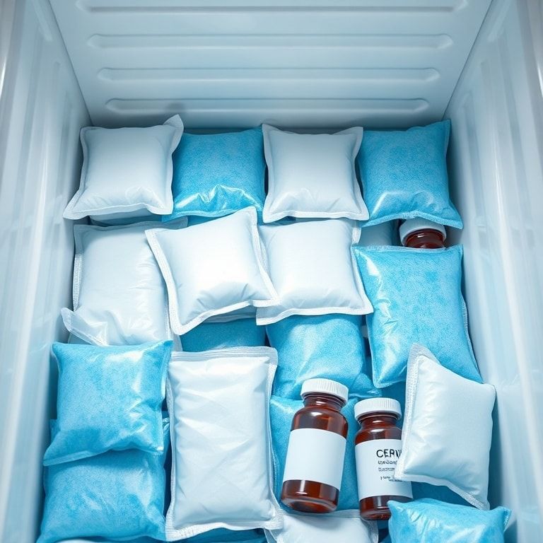 A close-up, high-angle shot of various pharmaceutical gel packs neatly arranged within an insulated shipping container, alongside vials of temperature-sensitive medicines. The gel packs are in different shades of blue and white, some still slightly frozen with a frosty appearance. The container is a clean, white, corrugated box with a glossy finish. The overall scene conveys precision, safety, and the critical role of these elements in Unlocking Cold Chain logistics. The lighting is bright and even, highlighting the textures of the gel packs and the reflective surfaces of the vials. Ultra realistic, highly detailed, 8k quality, photorealistic.