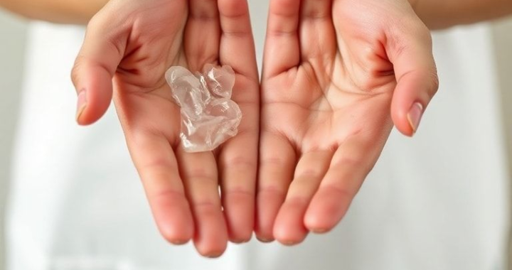 A person's hands demonstrating how to warm up a small amount of clear hair gel by rubbing it between their palms, preparing for even application. The hands are clean and the gel is spread thinly, with a light background. Emphasizes proper technique, natural lighting, close-up shot, highly detailed, photorealistic.