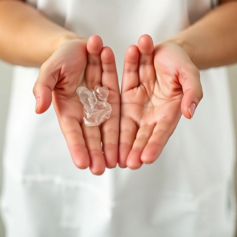 A person's hands demonstrating how to warm up a small amount of clear hair gel by rubbing it between their palms, preparing for even application. The hands are clean and the gel is spread thinly, with a light background. Emphasizes proper technique, natural lighting, close-up shot, highly detailed, photorealistic.