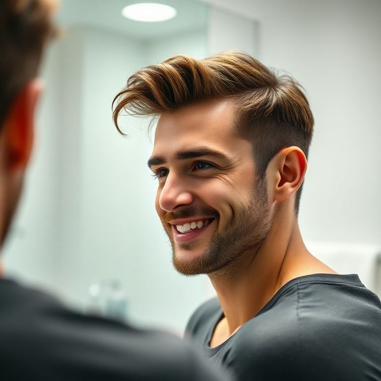 A confident man with perfectly styled hair (not sticky or stiff) looking at his reflection in a mirror, smiling. The hair is