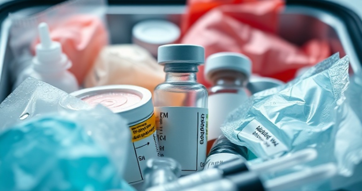 A close-up, high-detail shot of various medical gel packs in different sizes and colors, some with condensation, nestled around vials and syringes in a specialized insulated medical transport container. The background is slightly blurred, hinting at a sterile lab or cold chain logistics environment. Emphasize the scientific precision and the protective nature of the gel packs, with a cool, professional lighting, ultra realistic, highly detailed, 8k quality, photorealistic, showcasing the unseen guardians of medication potency.