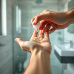 A man's hand squeezing a small, pea-sized amount of clear hair gel onto his palm, against a blurred background of a modern bathroom, soft natural light, close-up shot, focus on the gel and hand, clean aesthetic, ultra realistic, highly detailed, 8k quality, photorealistic