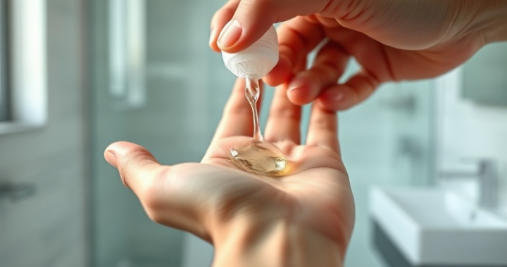 A man's hand squeezing a small, pea-sized amount of clear hair gel onto his palm, against a blurred background of a modern bathroom, soft natural light, close-up shot, focus on the gel and hand, clean aesthetic, ultra realistic, highly detailed, 8k quality, photorealistic