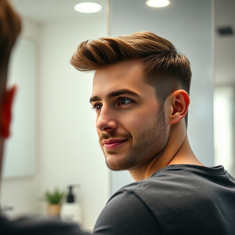 essential - A man with short, styled hair looking confidently into a mirror in a well-lit bathroom, his hair perfectly in pla