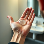 A close-up shot of a man's hand applying a small, pea-sized amount of clear hair gel onto his palm, ready to be warmed and distributed. The background shows a blurred bathroom setting with a mirror and sink, natural lighting, emphasizing proper technique and moderation in hair product usage, ultra realistic, highly detailed, 8k quality, photorealistic