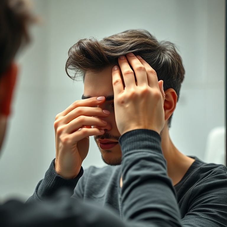 A person with short, dark hair is seen in a bathroom mirror, meticulously distributing hair gel through their damp hair with