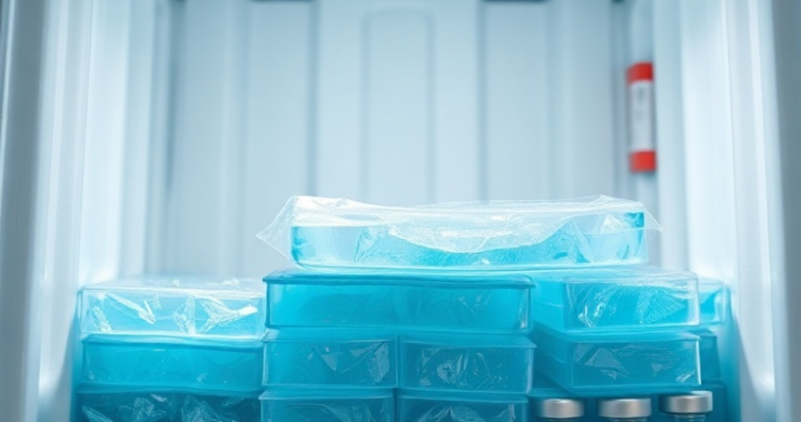 A detailed close-up shot of several pharmaceutical-grade gel packs neatly stacked inside an insulated shipping container, alongside vials of vaccines. The gel packs are translucent blue, some showing a subtle crystallization indicating their phase-change material. The container interior is pristine white, with temperature monitoring labels visible. Soft, cool lighting emphasizes the sterile and precise environment. Focus on texture and clarity, ultra realistic, highly detailed, medical logistics, 8k quality, photorealistic