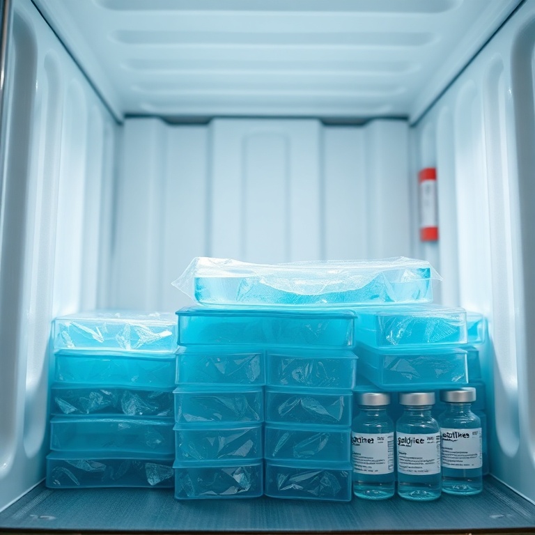 A detailed close-up shot of several pharmaceutical-grade gel packs neatly stacked inside an insulated shipping container, alongside vials of vaccines. The gel packs are translucent blue, some showing a subtle crystallization indicating their phase-change material. The container interior is pristine white, with temperature monitoring labels visible. Soft, cool lighting emphasizes the sterile and precise environment. Focus on texture and clarity, ultra realistic, highly detailed, medical logistics, 8k quality, photorealistic