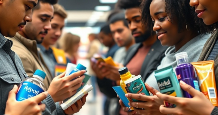 A diverse group of people in a modern department store aisle, looking at various hair gel products. Close-up on their hands examining product labels, comparing different brands and types of gels. The lighting is soft and inviting, highlighting the shiny packaging of the products. The scene conveys a sense of thoughtful selection, with a focus on product details and consumer choice. Natural skin tones, realistic textures, 8k quality, photorealistic