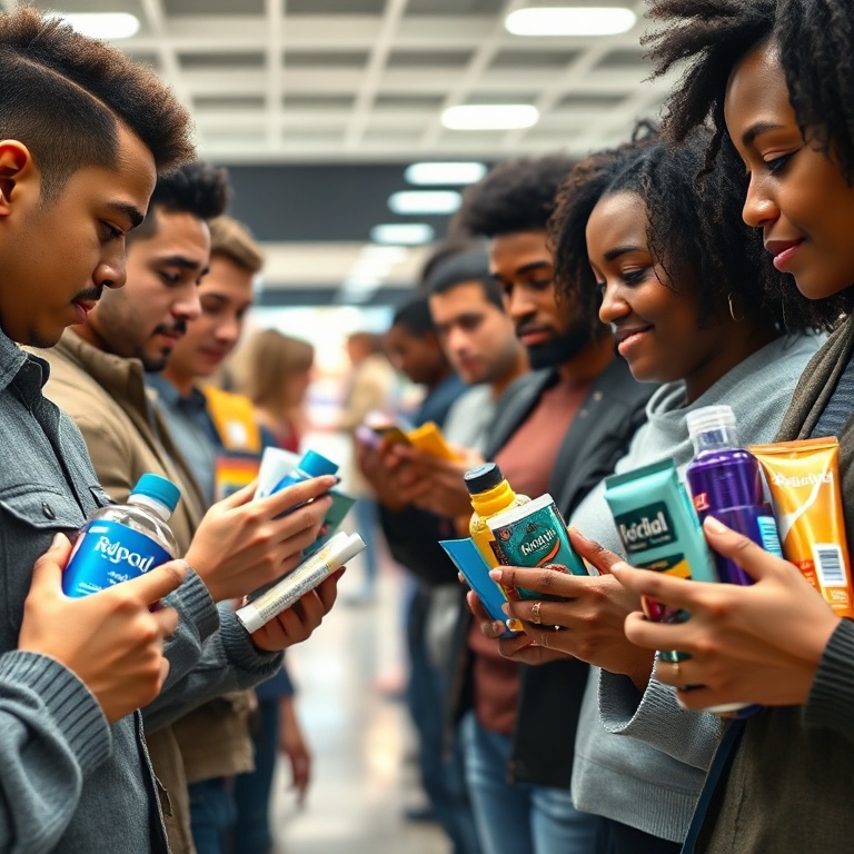 A diverse group of people in a modern department store aisle, looking at various hair gel products. Close-up on their hands examining product labels, comparing different brands and types of gels. The lighting is soft and inviting, highlighting the shiny packaging of the products. The scene conveys a sense of thoughtful selection, with a focus on product details and consumer choice. Natural skin tones, realistic textures, 8k quality, photorealistic