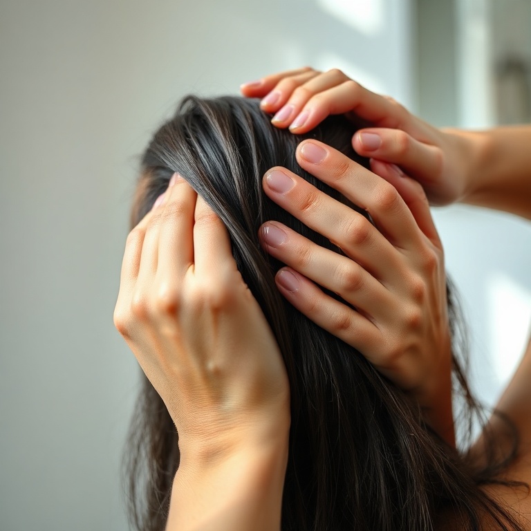 essential - Close-up shot of a person's hands applying a small amount of clear hair gel to their damp, dark hair. The hands a