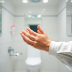 A close-up shot of a person's hands performing the 8-step hand sanitizing technique with alcohol gel, clearly showing each motion. The background is a clean, minimalist bathroom or clinic setting with soft, diffused lighting. Emphasize the detailed hand movements, with a focus on hygiene and effectiveness. Educational, clean, bright, ultra realistic, highly detailed, 8k quality, photorealistic