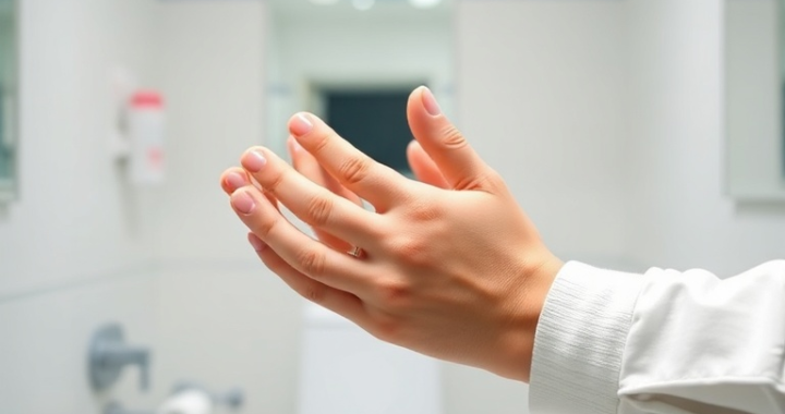 A close-up shot of a person's hands performing the 8-step hand sanitizing technique with alcohol gel, clearly showing each motion. The background is a clean, minimalist bathroom or clinic setting with soft, diffused lighting. Emphasize the detailed hand movements, with a focus on hygiene and effectiveness. Educational, clean, bright, ultra realistic, highly detailed, 8k quality, photorealistic