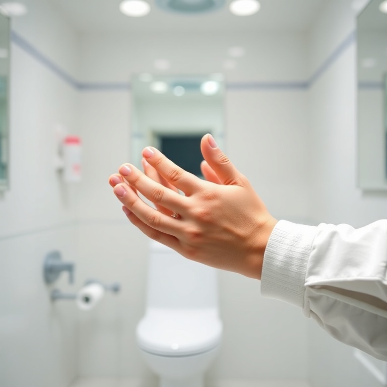 A close-up shot of a person's hands performing the 8-step hand sanitizing technique with alcohol gel, clearly showing each motion. The background is a clean, minimalist bathroom or clinic setting with soft, diffused lighting. Emphasize the detailed hand movements, with a focus on hygiene and effectiveness. Educational, clean, bright, ultra realistic, highly detailed, 8k quality, photorealistic