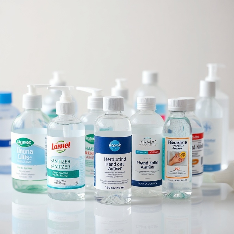 A collection of various alcohol-based hand sanitizers on a clean, white surface, showcasing different brands, sizes, and form