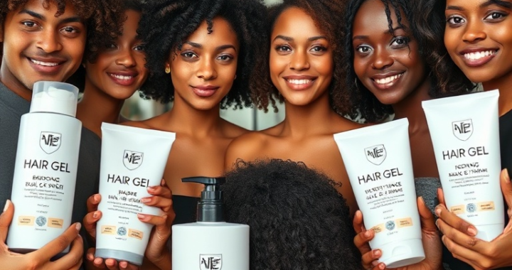 A diverse group of people with different hair types (curly, straight, wavy, fine, thick) showcasing various hair gel products, each labeled for specific hold and finish (matte, shiny, strong, light). The background is a modern salon or beauty store, with soft, natural lighting, ultra realistic, highly detailed, 8k quality, photorealistic