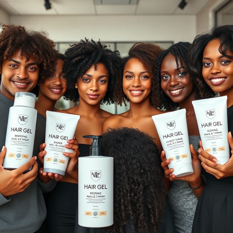 A diverse group of people with different hair types (curly, straight, wavy, fine, thick) showcasing various hair gel products, each labeled for specific hold and finish (matte, shiny, strong, light). The background is a modern salon or beauty store, with soft, natural lighting, ultra realistic, highly detailed, 8k quality, photorealistic