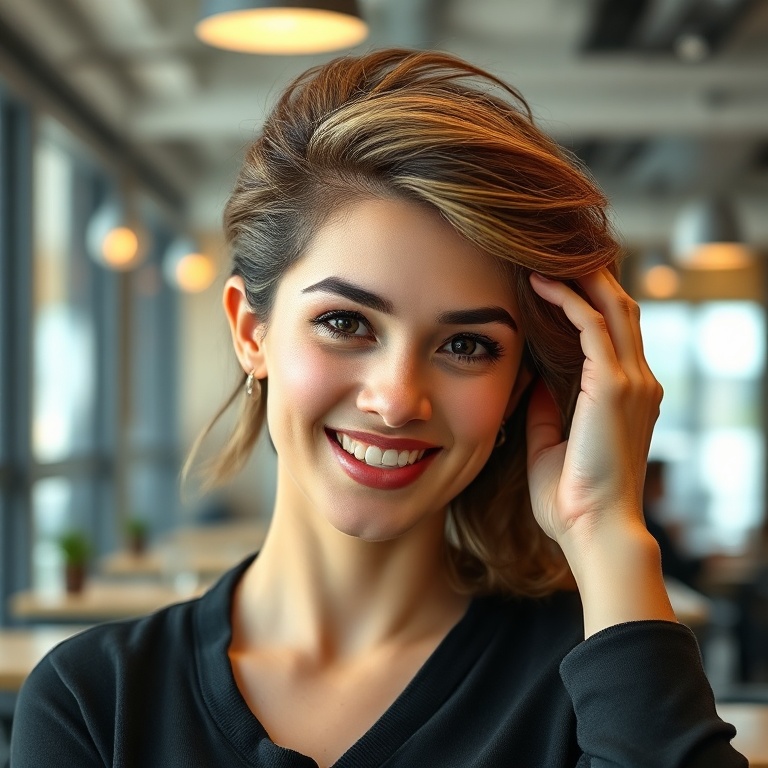 A person with perfectly styled, non-sticky hair, looking confident and happy. Their hair shows excellent hold and a natural f
