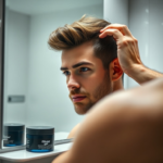 A male model with short, textured hair styling his hair with fiber gel, looking at his reflection in a mirror. The gel jar is visible on the counter. Focus on the hands and hair, good lighting, modern bathroom setting, natural light, ultra realistic, highly detailed, 8k quality, photorealistic. Alt text: ชายหนุ่มกำลังใช้เจลแบบไฟเบอร์เพื่อจัดแต่งทรงผมของเขา ซึ่งเป็นตัวอย่างของ วิธีเลือกเจลใส่ผมให้เหมาะกับสภาพผมและสไตล์ที่คุณต้องการ