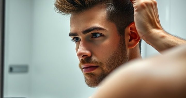 A male model with short, textured hair styling his hair with fiber gel, looking at his reflection in a mirror. The gel jar is visible on the counter. Focus on the hands and hair, good lighting, modern bathroom setting, natural light, ultra realistic, highly detailed, 8k quality, photorealistic. Alt text: ชายหนุ่มกำลังใช้เจลแบบไฟเบอร์เพื่อจัดแต่งทรงผมของเขา ซึ่งเป็นตัวอย่างของ วิธีเลือกเจลใส่ผมให้เหมาะกับสภาพผมและสไตล์ที่คุณต้องการ