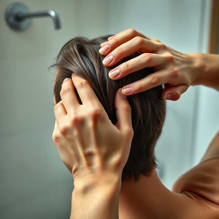 A close-up shot of a person applying hair gel to their hair, specifically showing the hands working the product through the s