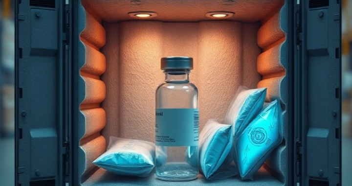 A detailed cross-section of a pharmaceutical cold chain shipping container, showing insulated walls, a temperature-sensitive drug vial nestled within protective packaging, and several medical gel packs surrounding it. The gel packs are glowing faintly blue, indicating their cooling function. The background is a blurred warehouse or cargo hold, with soft, diffused light, cinematic atmosphere, ultra realistic, highly detailed, 8k quality, photorealistic