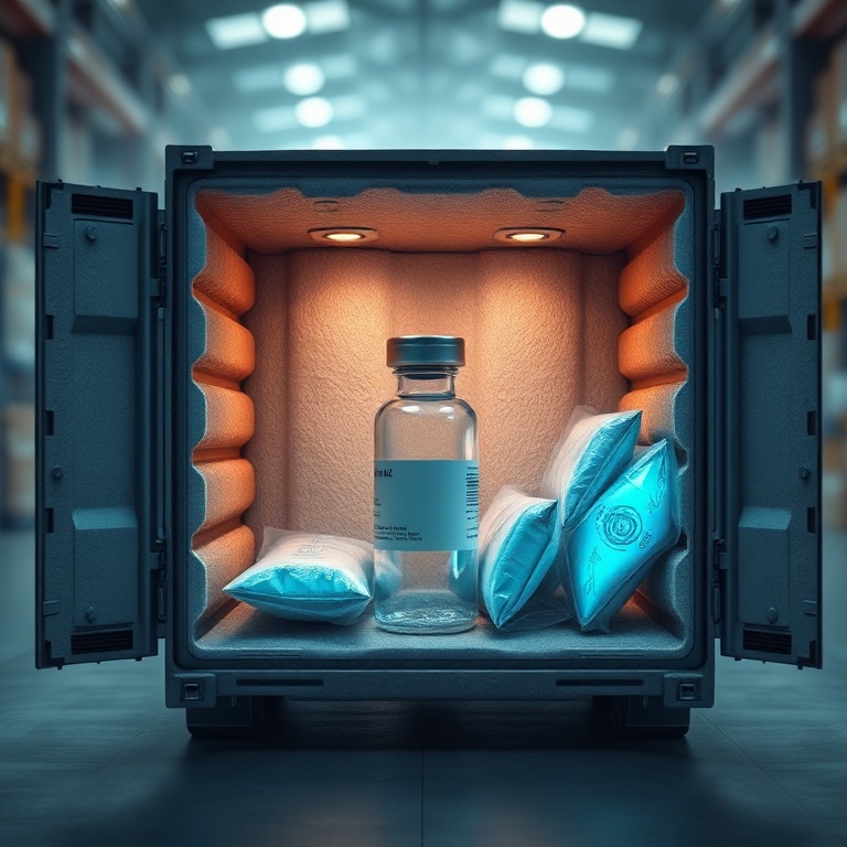 A detailed cross-section of a pharmaceutical cold chain shipping container, showing insulated walls, a temperature-sensitive drug vial nestled within protective packaging, and several medical gel packs surrounding it. The gel packs are glowing faintly blue, indicating their cooling function. The background is a blurred warehouse or cargo hold, with soft, diffused light, cinematic atmosphere, ultra realistic, highly detailed, 8k quality, photorealistic