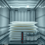Detailed close-up of a stack of pharmaceutical gel packs in an insulated shipping container, alongside vials of vaccines, with a digital thermometer displaying a stable temperature. The background shows a sterile, modern logistics facility, soft diffused lighting, ultra realistic, highly detailed, 8k quality, photorealistic, educational tone