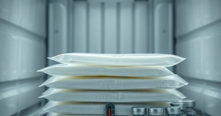 Detailed close-up of a stack of pharmaceutical gel packs in an insulated shipping container, alongside vials of vaccines, with a digital thermometer displaying a stable temperature. The background shows a sterile, modern logistics facility, soft diffused lighting, ultra realistic, highly detailed, 8k quality, photorealistic, educational tone