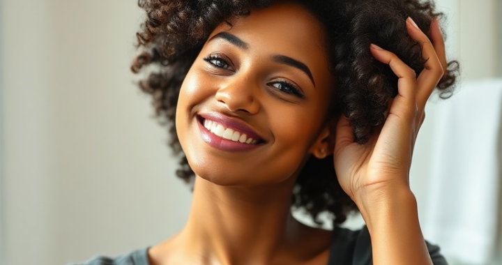 A woman with beautiful, defined curly hair is demonstrating the scrunching technique. Her head is tilted, and her hands are gently cupping and lifting sections of her damp, curly hair towards her scalp. The lighting is soft and natural, highlighting the texture and shine of her curls. She has a happy, confident expression. The background is a clean, bright bathroom, reflecting a self-care routine. Ultra realistic, highly detailed, cinematic, soft focus background, natural light, 8k quality, photorealistic