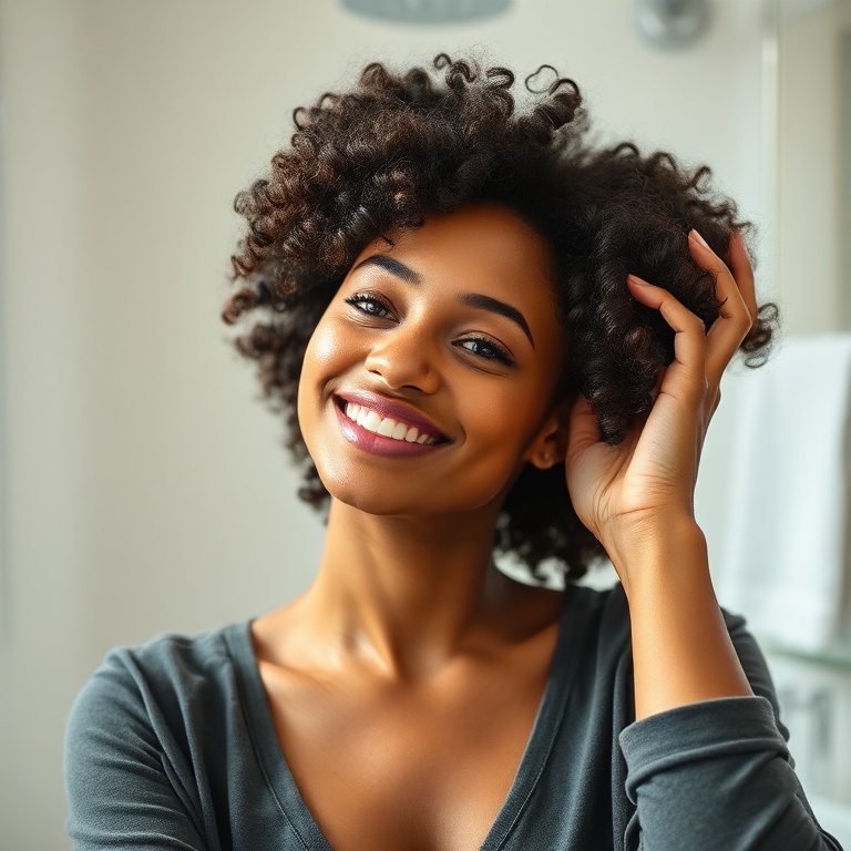 A woman with beautiful, defined curly hair is demonstrating the scrunching technique. Her head is tilted, and her hands are gently cupping and lifting sections of her damp, curly hair towards her scalp. The lighting is soft and natural, highlighting the texture and shine of her curls. She has a happy, confident expression. The background is a clean, bright bathroom, reflecting a self-care routine. Ultra realistic, highly detailed, cinematic, soft focus background, natural light, 8k quality, photorealistic