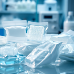 A close-up of various modern medical ice packs and gel packs, showcasing different sizes, flexible designs, and advanced materials. Some packs are transparent, revealing intricate gel structures, while others have soft fabric covers. In the background, there are blurred elements of a pharmaceutical laboratory or a clean medical environment, with subtle blue and white lighting, emphasizing innovation and sterile conditions. The image should convey precision, safety, and advanced technology, ultra realistic, highly detailed, 8k quality, photorealistic