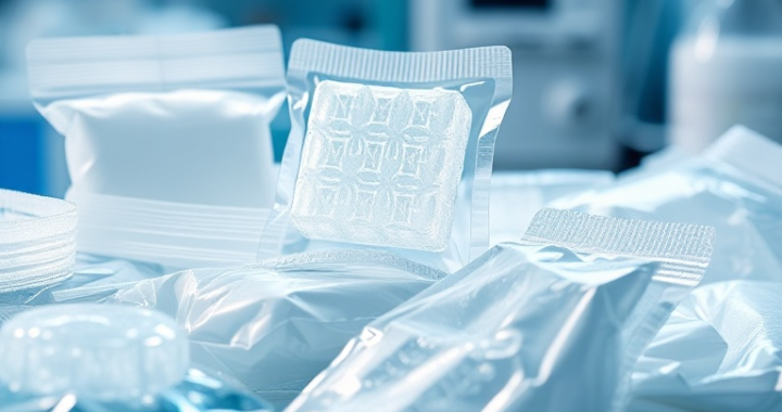 A close-up of various modern medical ice packs and gel packs, showcasing different sizes, flexible designs, and advanced materials. Some packs are transparent, revealing intricate gel structures, while others have soft fabric covers. In the background, there are blurred elements of a pharmaceutical laboratory or a clean medical environment, with subtle blue and white lighting, emphasizing innovation and sterile conditions. The image should convey precision, safety, and advanced technology, ultra realistic, highly detailed, 8k quality, photorealistic