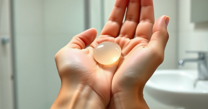Close-up shot of a person's hands warming a small dollop of clear hair gel between their palms, preparing to apply it to damp hair. The background is a slightly blurred modern bathroom, soft natural light, detailed skin texture, focus on the hands and gel, educational, high resolution, photorealistic