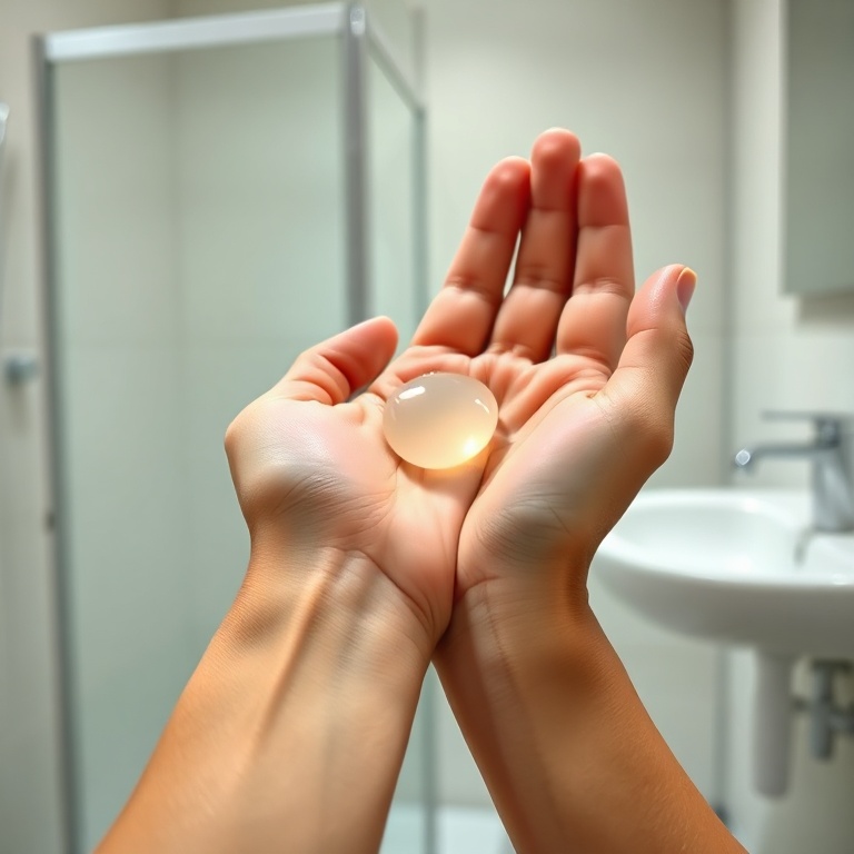 Close-up shot of a person's hands warming a small dollop of clear hair gel between their palms, preparing to apply it to damp hair. The background is a slightly blurred modern bathroom, soft natural light, detailed skin texture, focus on the hands and gel, educational, high resolution, photorealistic