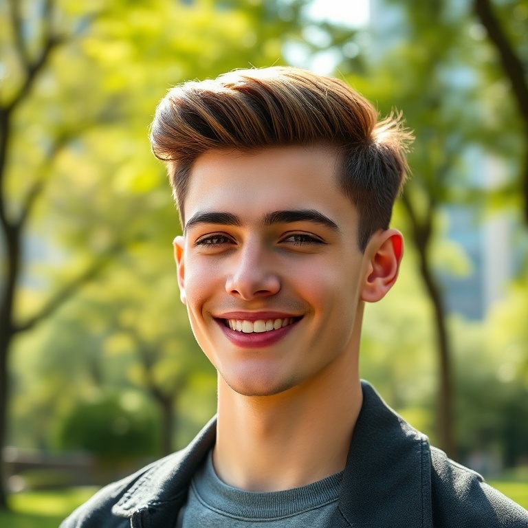 A confident young person with a perfectly styled, non-sticky hairstyle (e.g., a slick back or textured quiff) smiling outdoor