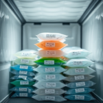 A close-up, highly detailed shot of various advanced medical gel packs in different sizes and colors, stacked neatly within an insulated pharmaceutical shipping container. The gel packs show subtle textures and branding, with labels indicating specific phase change temperatures like +5°C, -20°C, and +25°C. The background is slightly blurred, showing elements of a sterile, controlled laboratory or warehouse environment, with soft, diffused lighting highlighting the professional and technical nature of the products. The mood is precise and reliable, ultra realistic, highly detailed, 8k quality, photorealistic