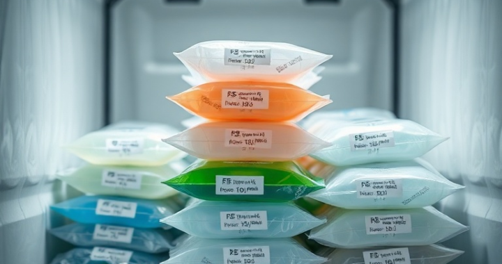 A close-up, highly detailed shot of various advanced medical gel packs in different sizes and colors, stacked neatly within an insulated pharmaceutical shipping container. The gel packs show subtle textures and branding, with labels indicating specific phase change temperatures like +5°C, -20°C, and +25°C. The background is slightly blurred, showing elements of a sterile, controlled laboratory or warehouse environment, with soft, diffused lighting highlighting the professional and technical nature of the products. The mood is precise and reliable, ultra realistic, highly detailed, 8k quality, photorealistic